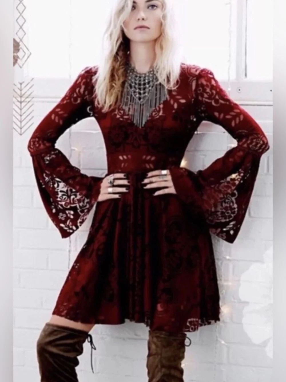 Free People Lace Lovers‎ Folk Song Bell Sleeve Boho Dress - Size 2